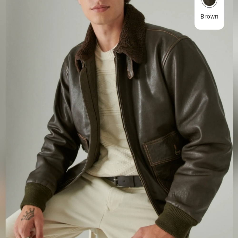 Lucky Brand Brown Real Leather Jacket with Shearling Collar
